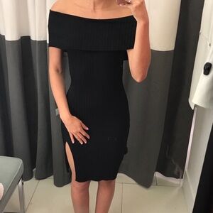 BCBGMAXAZRIA Off the Shoulder Slit Black Dress